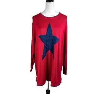 Quacker Factory Plus Red Knit Navy Sparkle Stars Crew Neck Long Sleeve Sweater